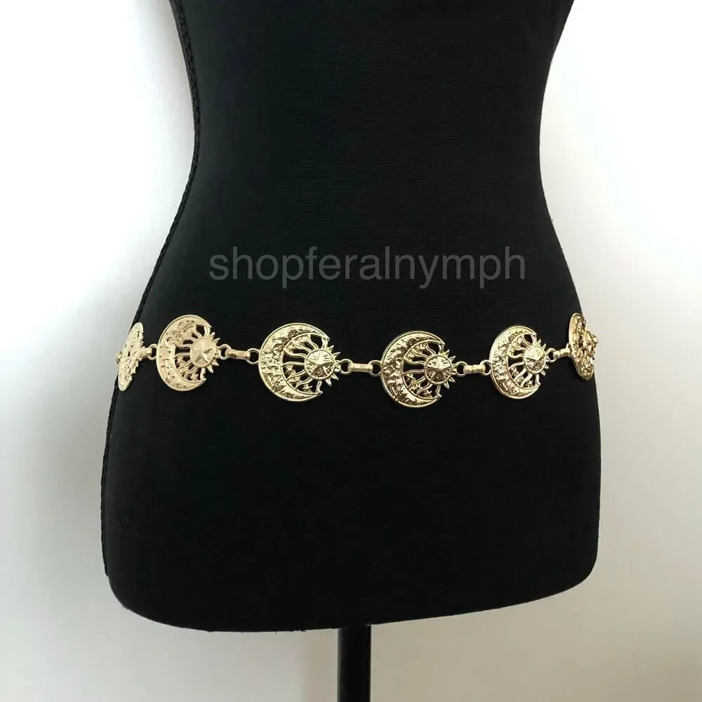 Vintage Y2K Celestial Gold Sun and Moon Chain Belt, Up to 40 Inches, X7GA1147
